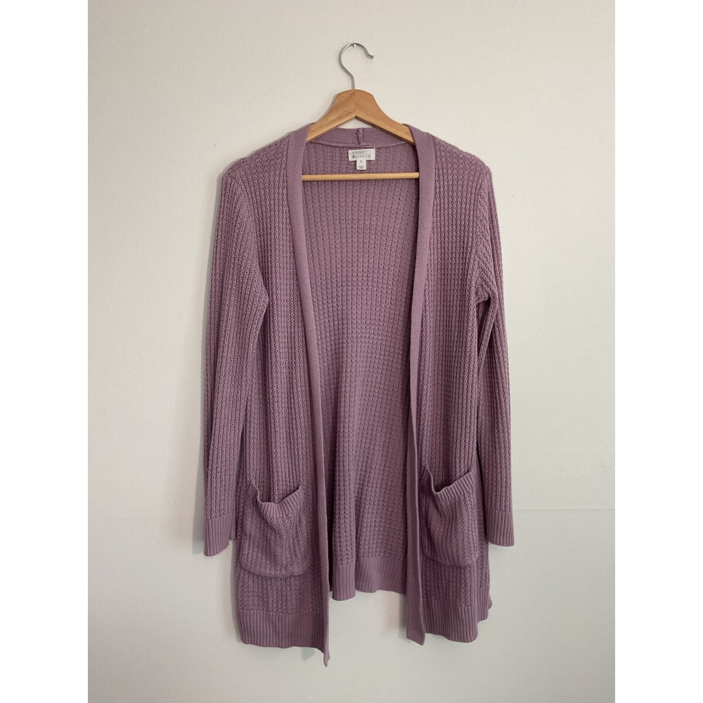 Market & Spruce Purple Waffle Knit Open Front Cardigan Sweater Pockets Medium